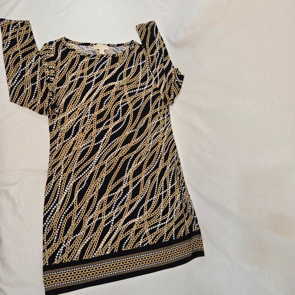 MICHAEL KORS Old Money Black/Gold Chain/Pearl Pattern Border Shift Dress Size L. - Picture 5 of 16